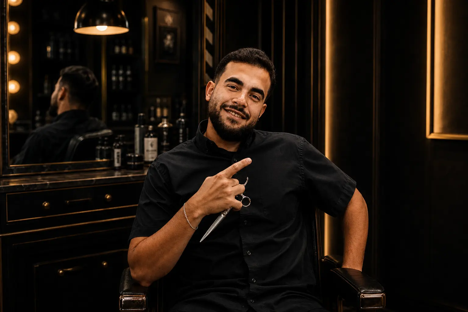 Mr. Sam smiling inside his luxury barbershop while holding professional scissors and a comb.