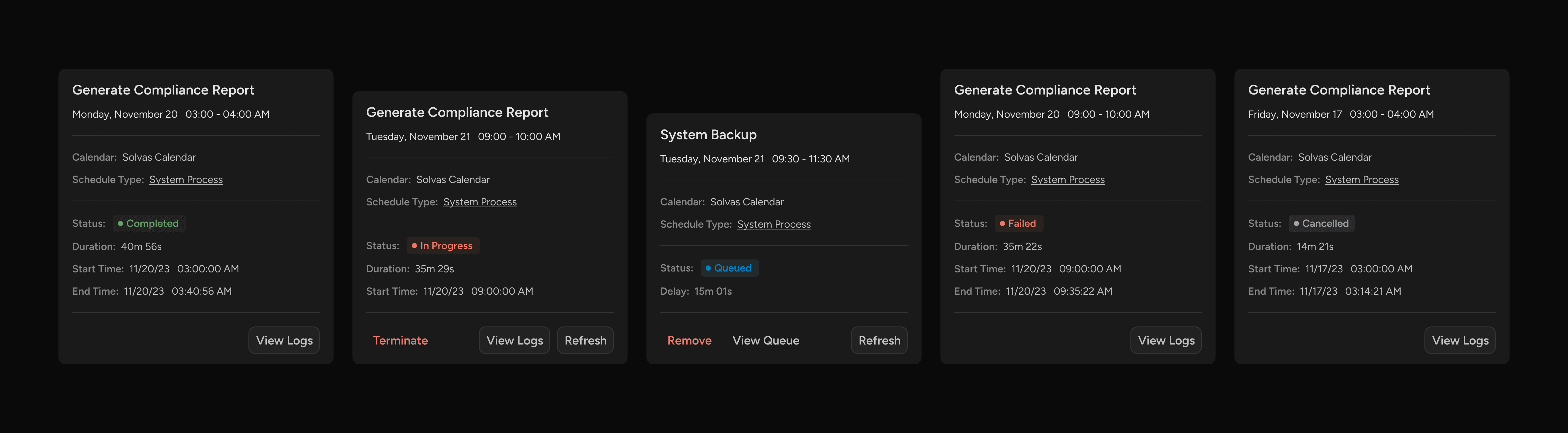 Cards showing different process statuses like completed, in progress, queued, failed, and cancelled with details