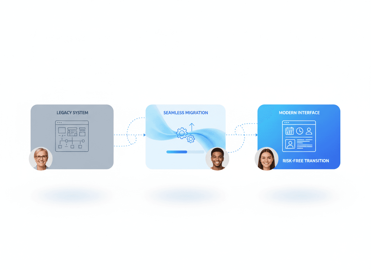 Smooth legacy web application migration process showing step-by-step transition from outdated UI to modern frontend without business disruption