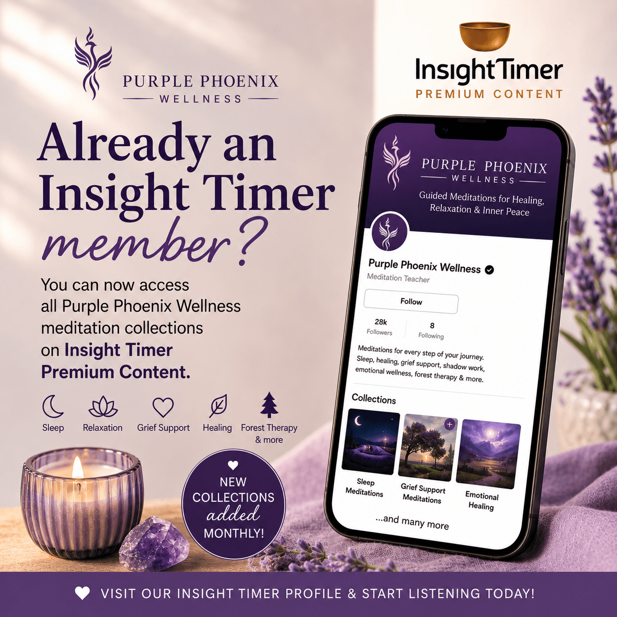 Purple Phoenix Wellness graphic promoting its guided meditation collections on Insight Timer Premium Content.
