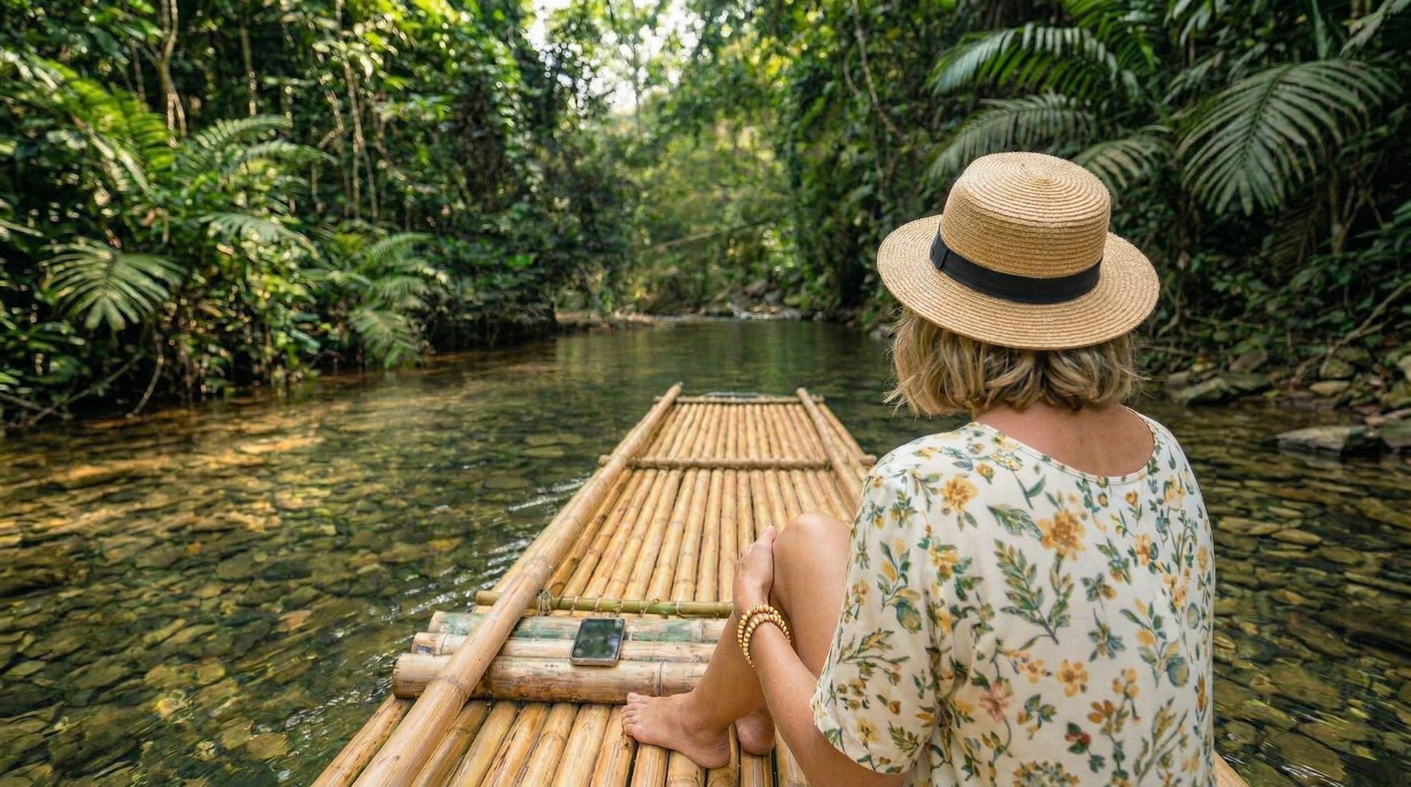 Woman in a straw hat sitting on a bamboo raft floating down a jungle river
