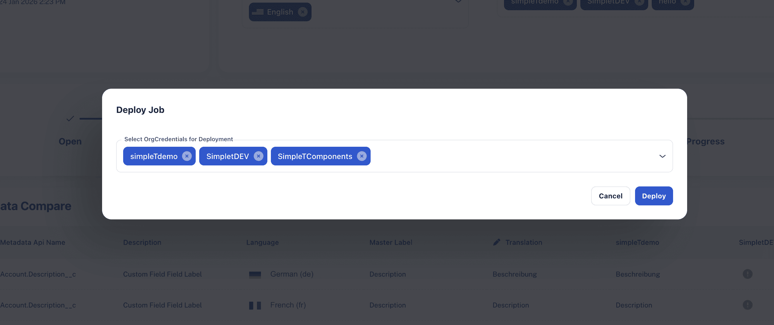 Deploy job panel open, select organization credentials for deployment
