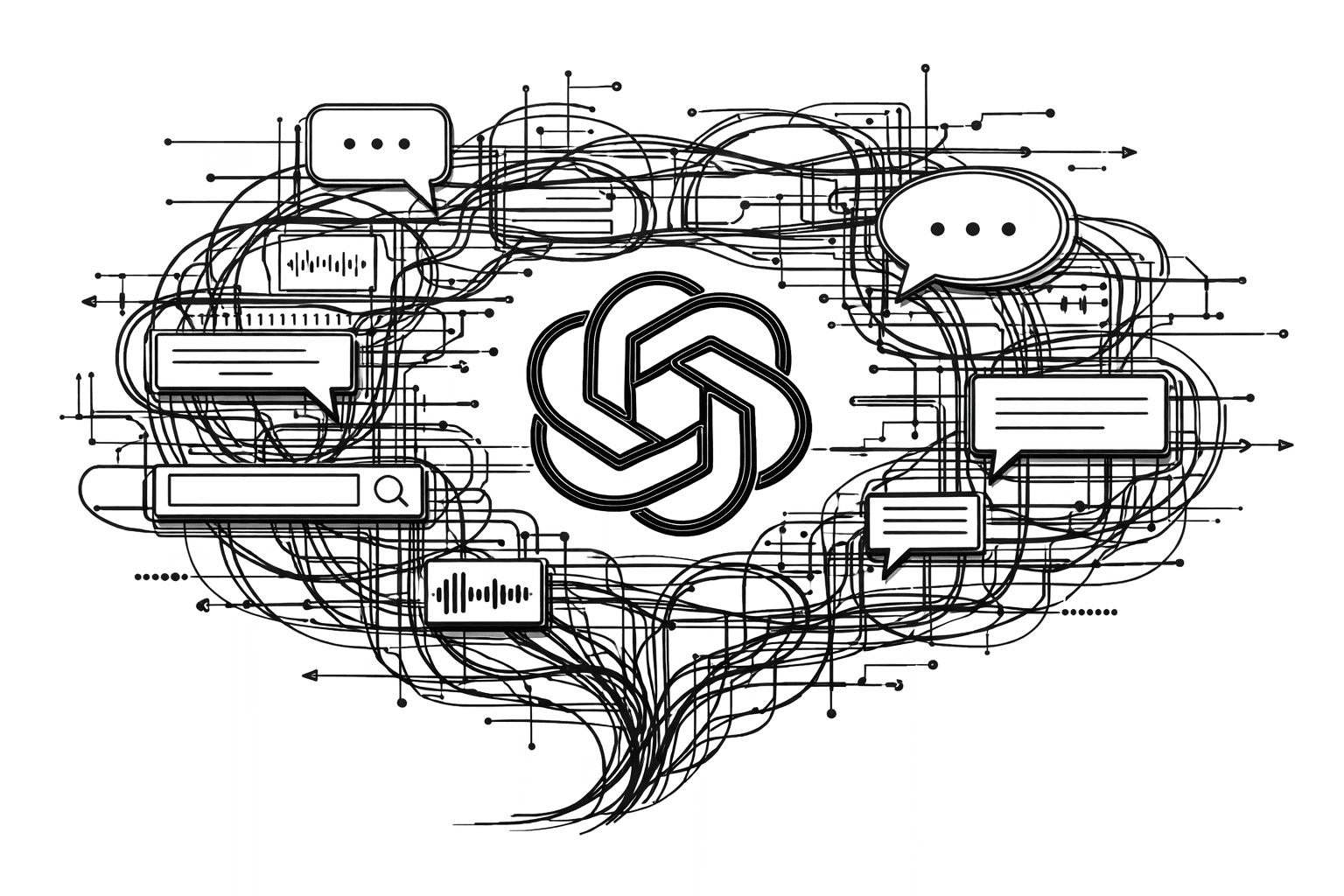 Ilustração em preto e branco da logo do ChatGPT formada por fios e linhas algorítmicas entrelaçadas, representando processos generativos, inteligência artificial e otimização de conteúdo para mecanismos de resposta e motores generativos. Fundo branco, estilo minimalista e conceitual.