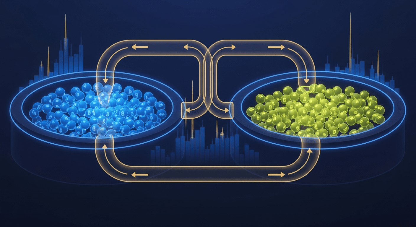 Abstract illustration of liquidity flowing between two token reserves on a Solana blockchain, showing concentrated liquidity range bars in blue and green tones