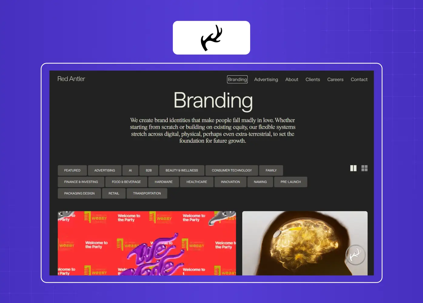 Dark-themed agency portfolio by Red Antler featuring branding projects across industries and interactive filtering.