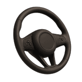 Black gaming steering wheel with ergonomic grips and control buttons.