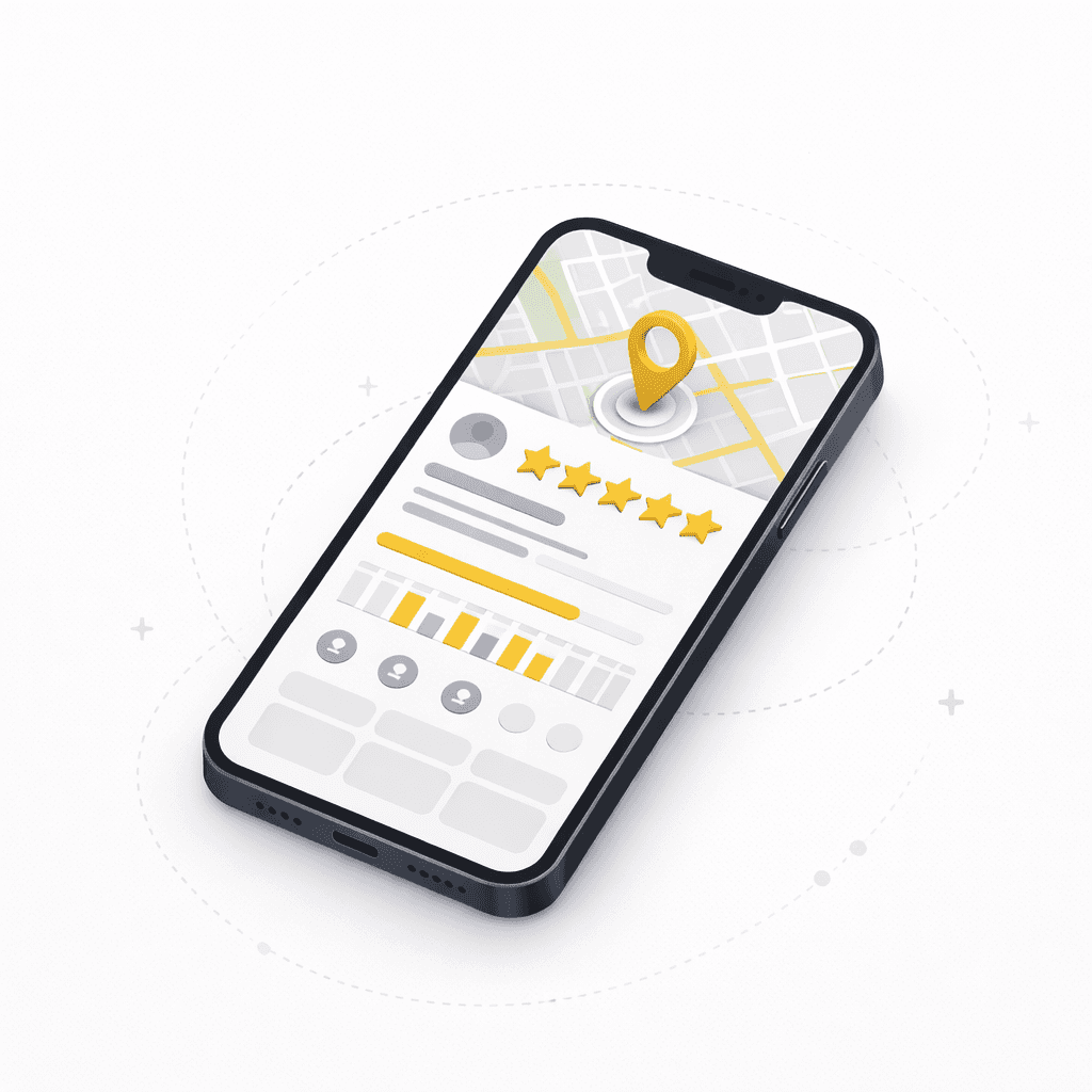 Smartphone zeigt Google Maps Profil mit 5-Sterne Bewertungen
