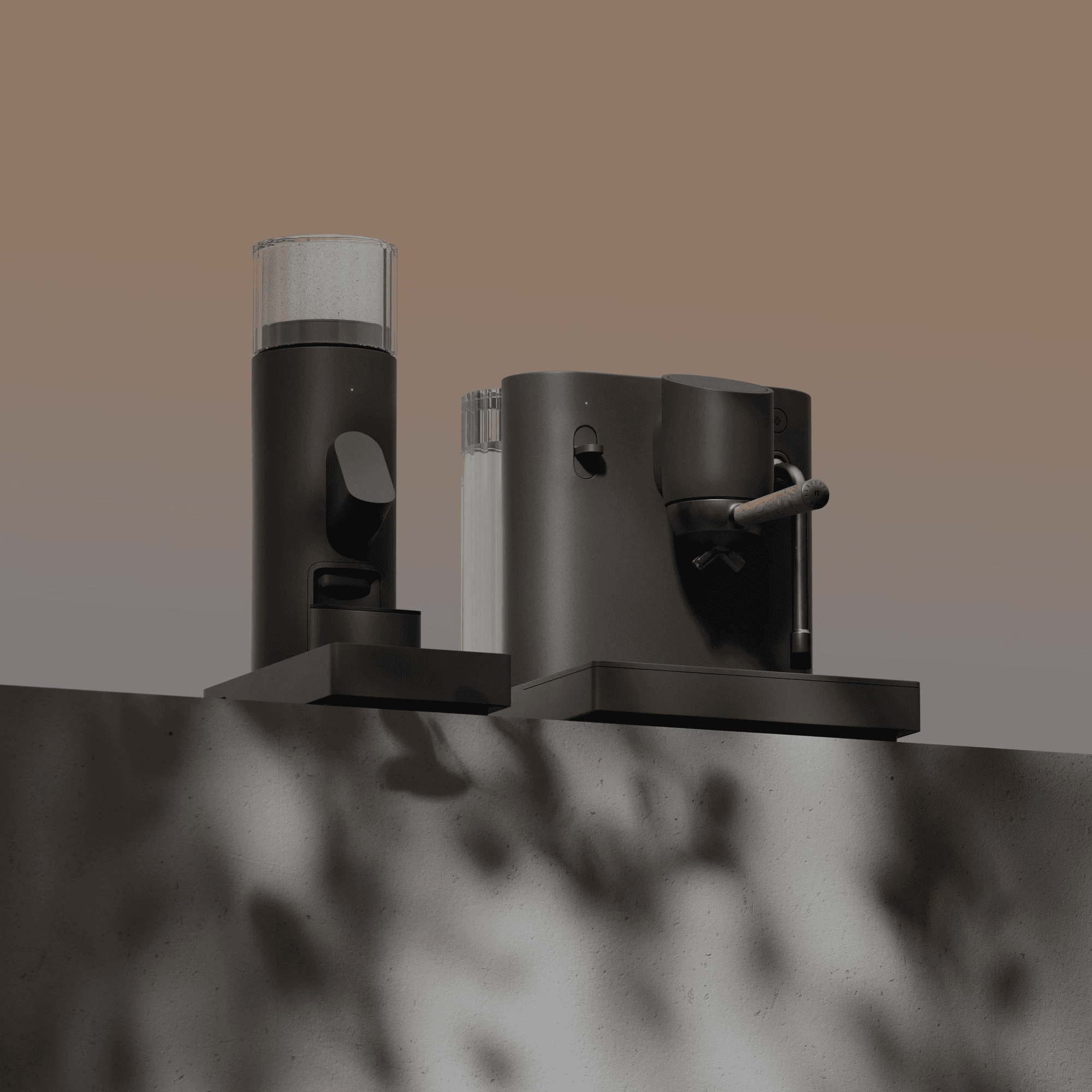 Modern black coffee grinder and espresso machine on a stone surface, under soft shadow play. Set against a gradient beige background, conveying elegance.