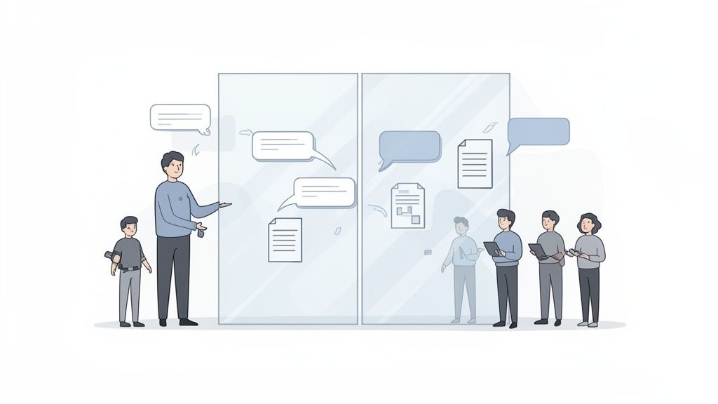 An illustration of a man presenting information on a transparent board to a team and a child.