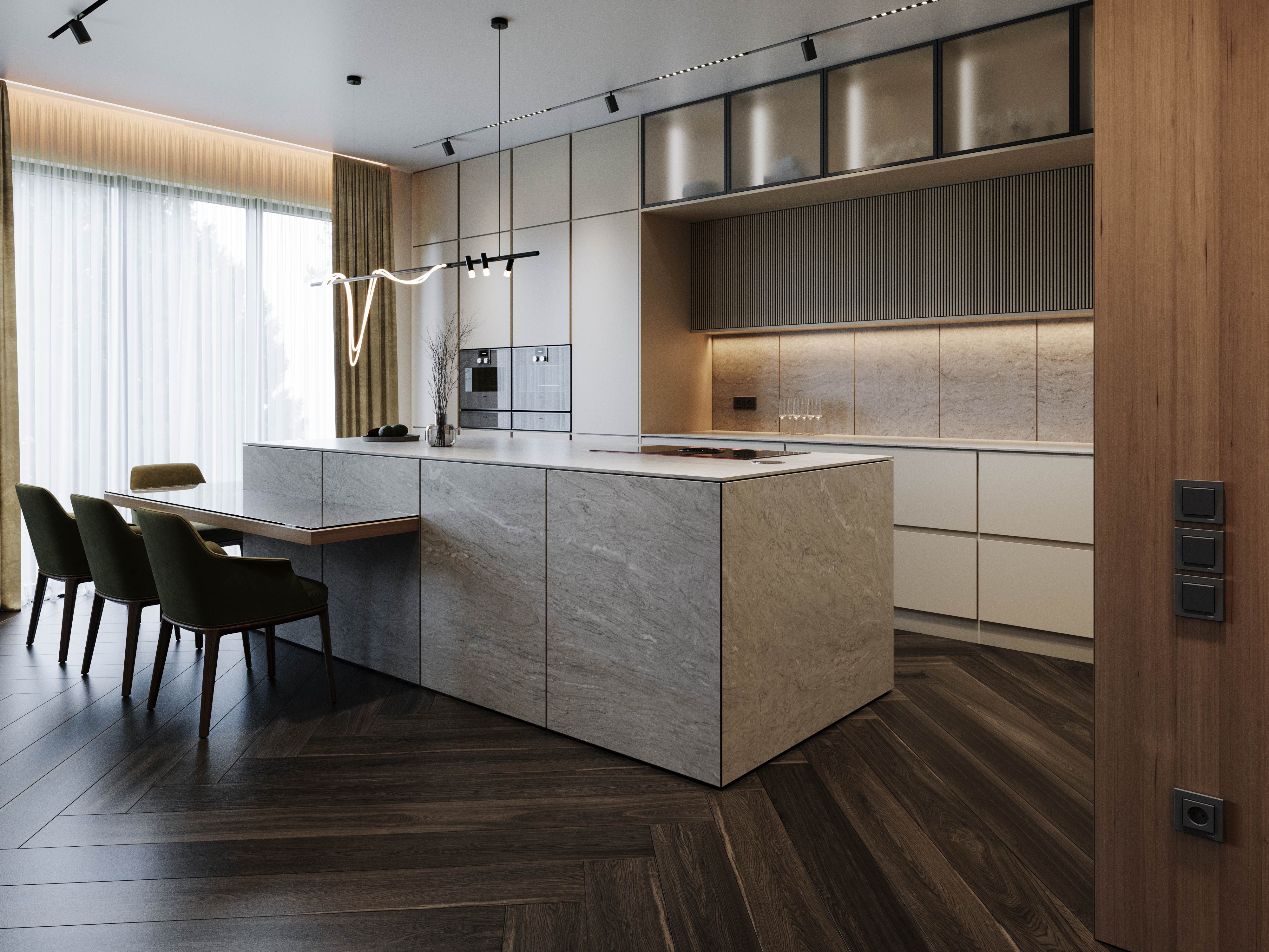 A modern luxury kitchen with premium finishes and integrated appliances, ready for real estate