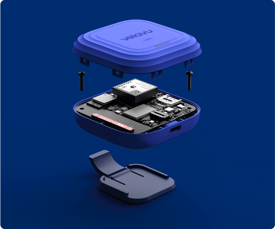 xploded view of a device, revealing the internal engineering components and design work, including circuit boards, sensors, and assembly parts, showcasing the device’s structure and functionality.