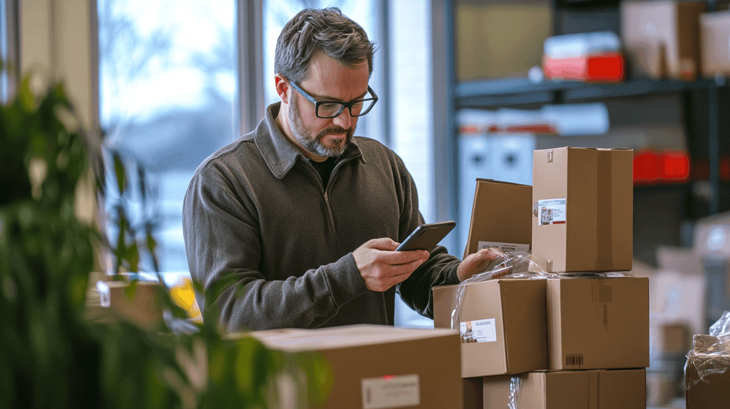 A man stands in a room filled with boxes, looking at his phone while surrounded by greenery. He is scheduling a return pickup on his phone