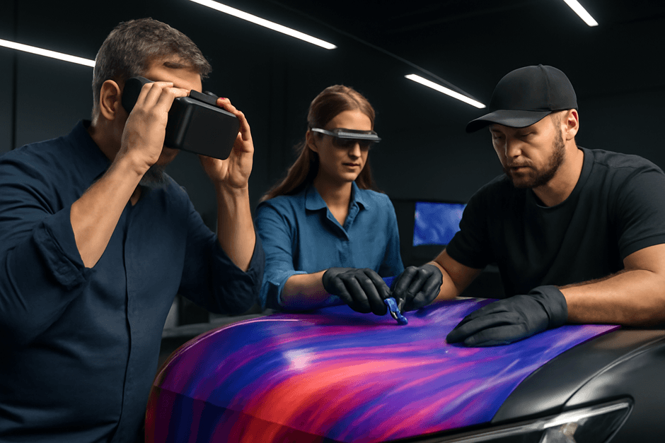 Drei Fachleute folieren ein Auto mit Vinyl