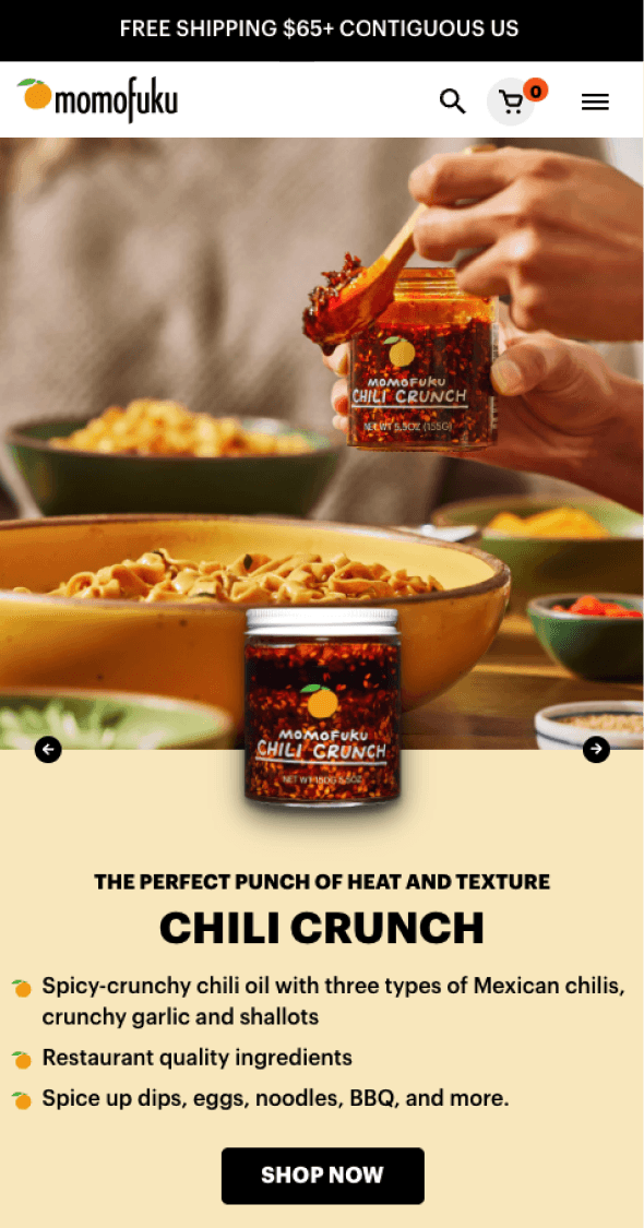 Mobile product detail page highlighting Momofuku chili crunch