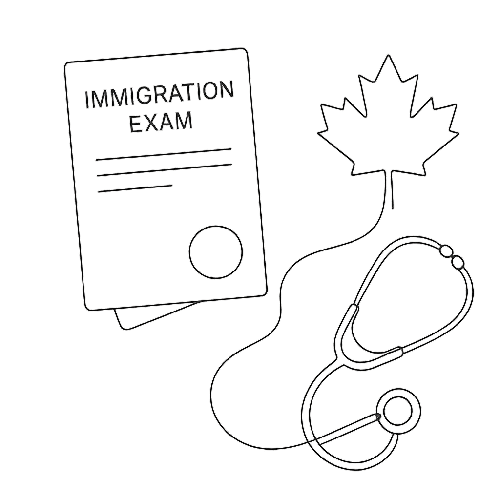 Minimalist one-line drawing of a Canadian maple leaf, passport, and stethoscope connected by a single contour, representing a panel physician and immigration medical exam process in Canada.