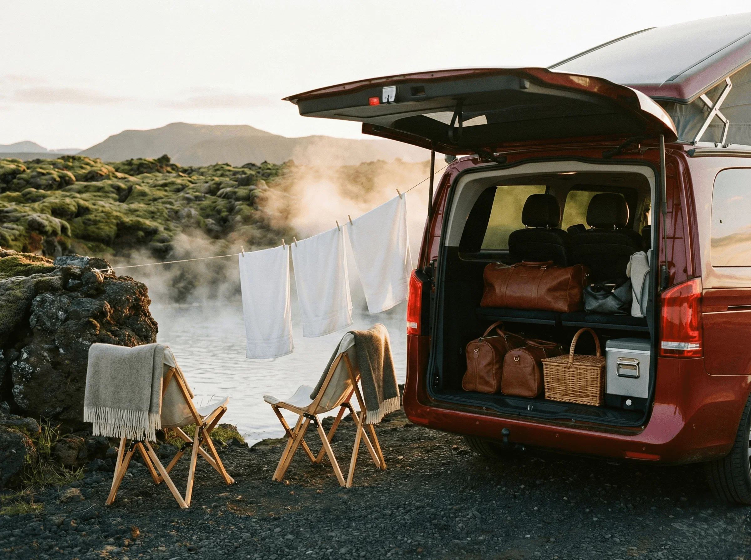 Rear view of a red camper van with open doors, towels hanging, and chairs set up near a steaming hot spring.