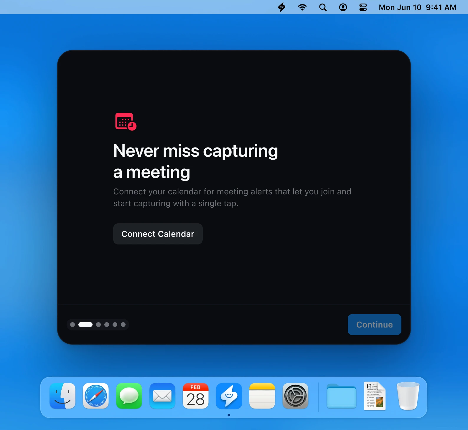 Supernormal Desktop App onboarding flow showing sign-in, calendar connection, audio permission setup, language selection, and quick setup steps.