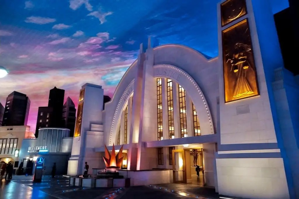 img worlds of adventures justice league ride entrance, dubai