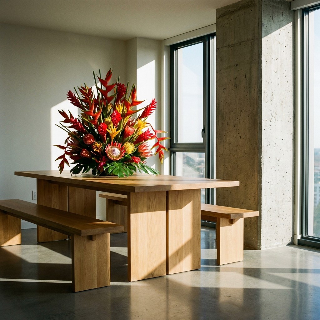 A minimalist dining space with a solid oak table, a vibrant tropical floral centerpiece, and a textured concrete column bathed in bright sunlight.