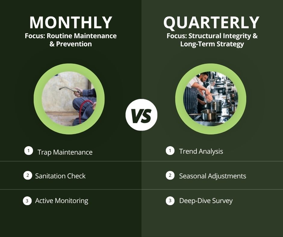 An infographic comparing monthly routine maintenance with quarterly structural and long-term pest control strategies.