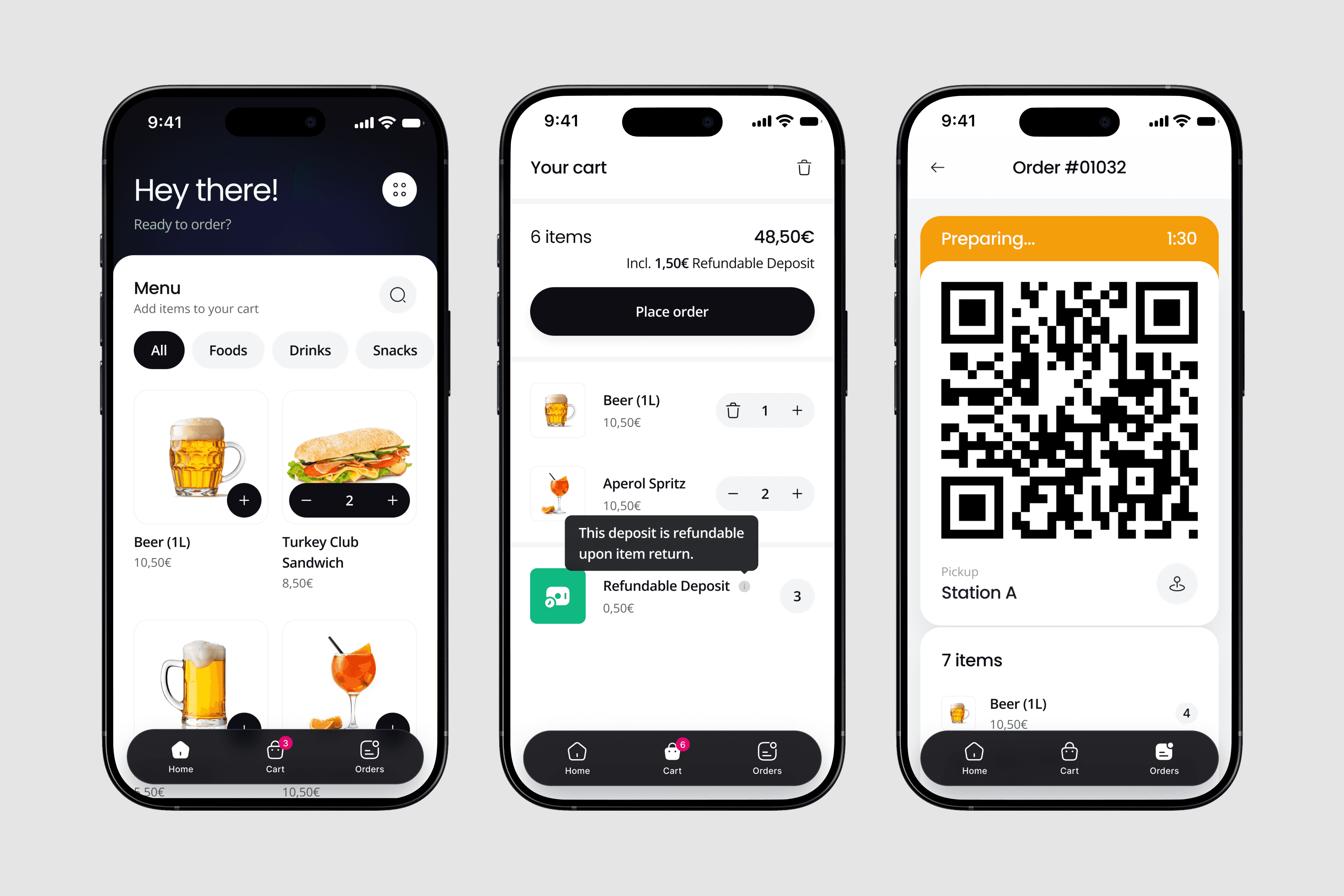 The Eventbro customer journey on the mobile app, showing the menu screen, the shopping cart, and the final order status screen with a QR code.