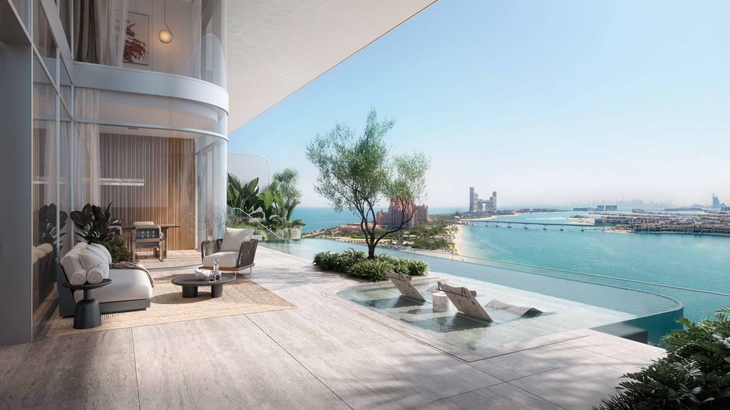 Scenic balcony view from the Orla Infinity, displaying a luxurious skyline and tranquil ocean vista.