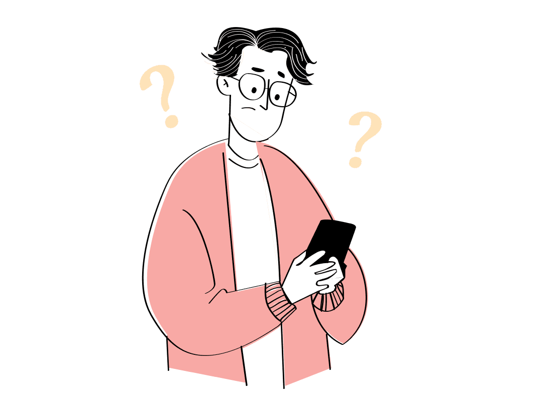 A stylized illustration of a person in a pink cardigan smiling as they hold and look at their smartphone.