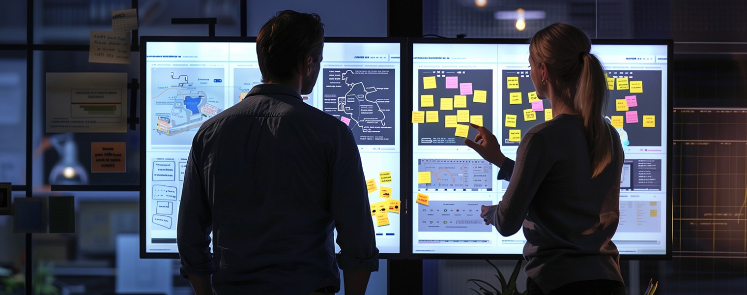 Two high-tech researchers use process-mapping software on touchscreen wall displays.