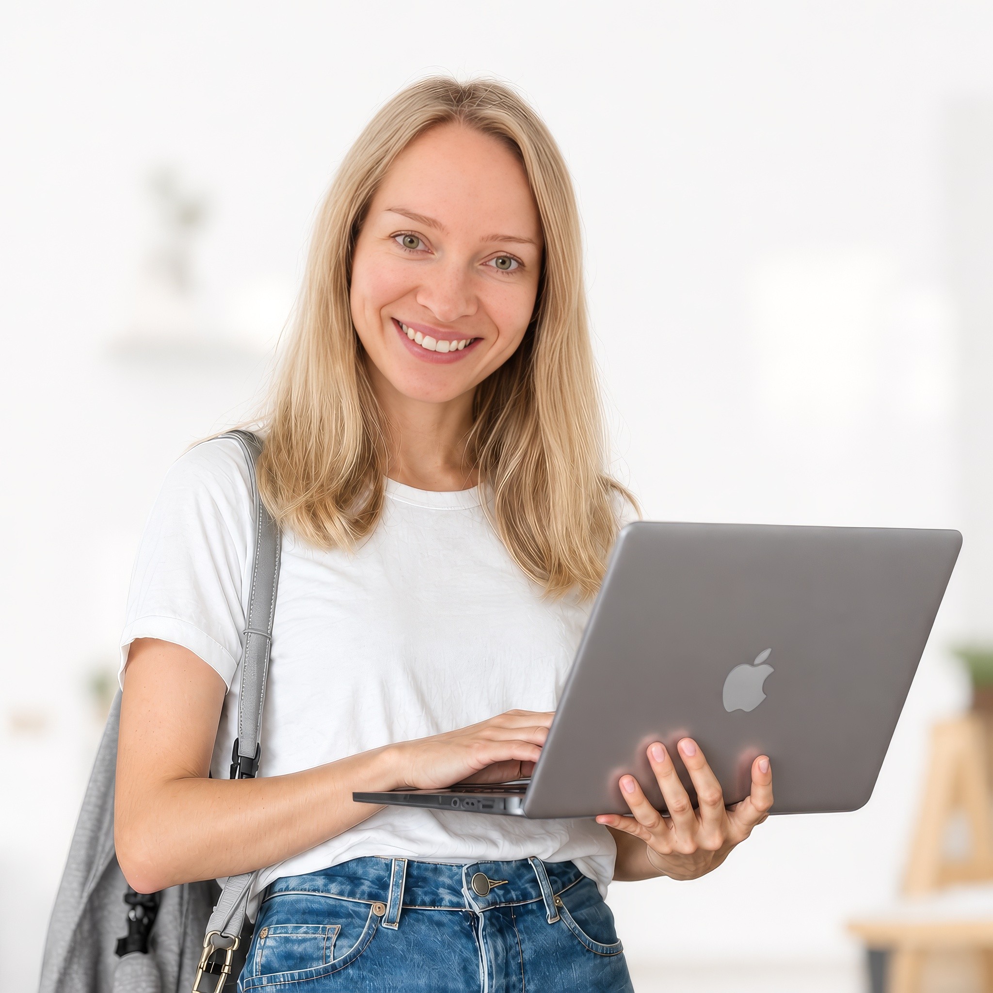 A young person with curly hair smiles at the camera while sitting in front of a laptop against a dark background.