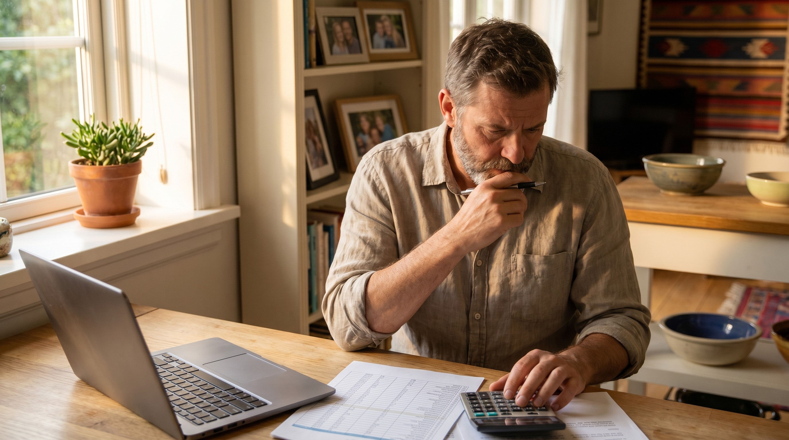 Self-employed man at a sunlit kitchen table reviewing financial paperwork and planning a dental treatment budget