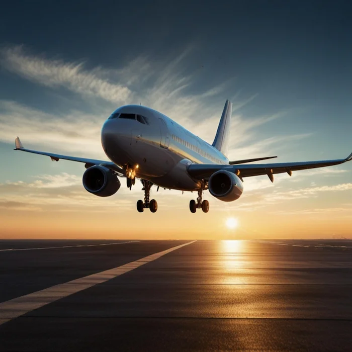 Foto de um avião aterrissando na pista. 