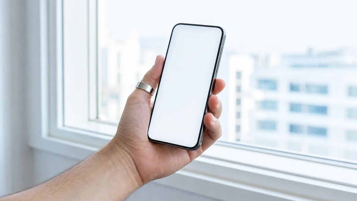 Hand wearing a silver smart tasbih ring while holding a blank-screen phone at a bright window