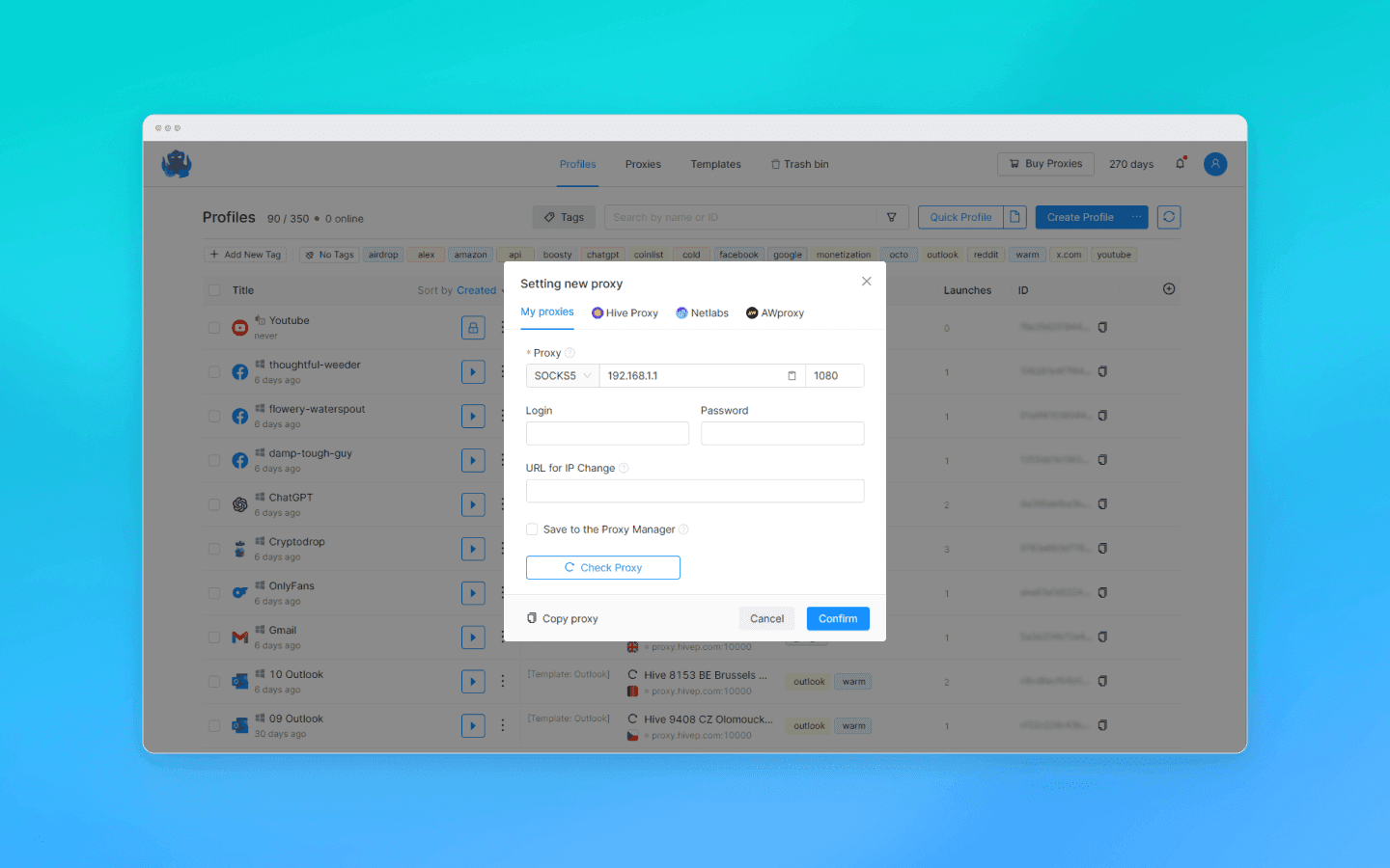 支持的协议包括 HTTP、HTTPS、SOCKS5。