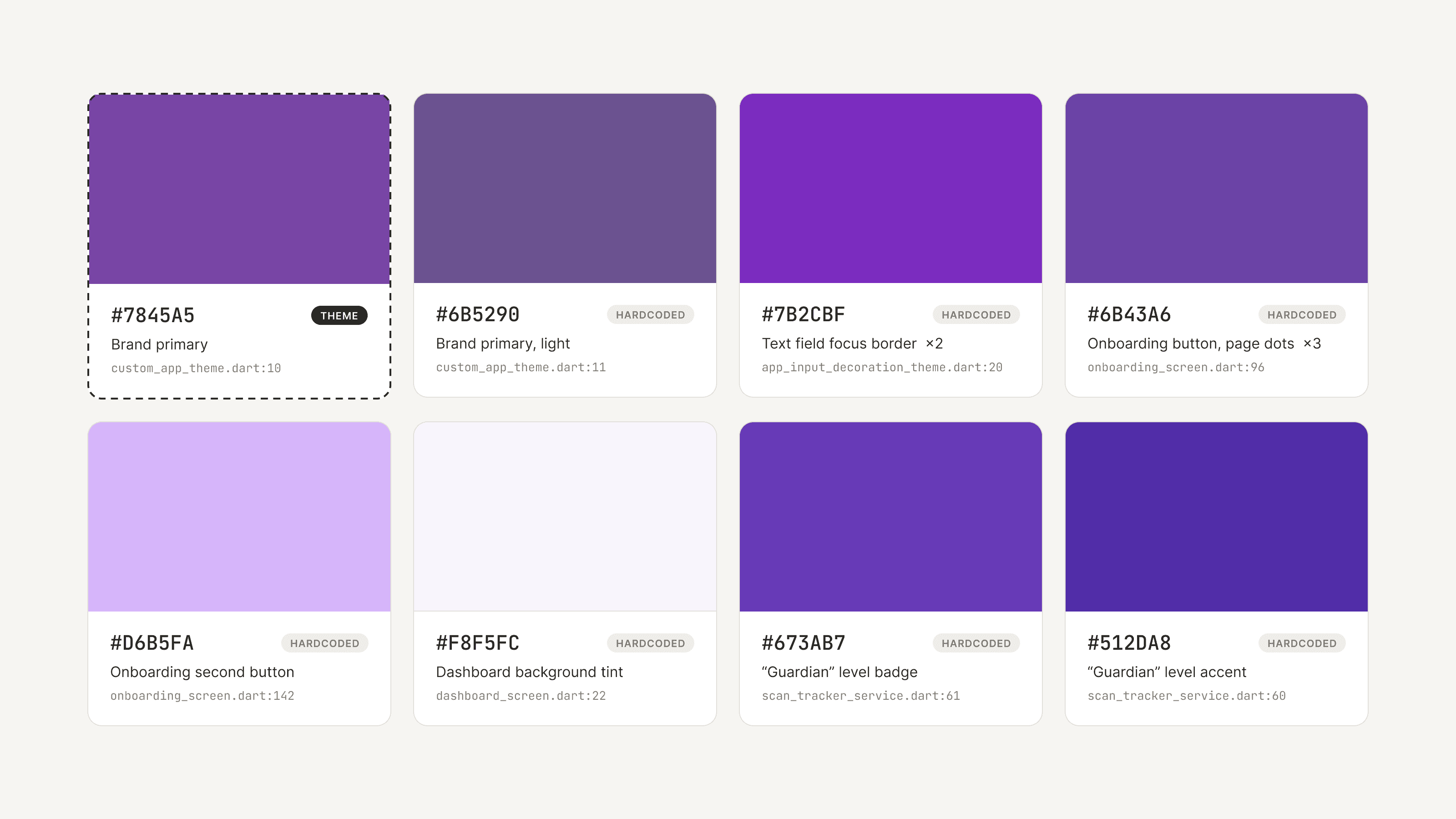 Eight purple swatches from the old app code, each with its hex value and the file it came from. Only one came from the theme. The other seven were hardcoded.
