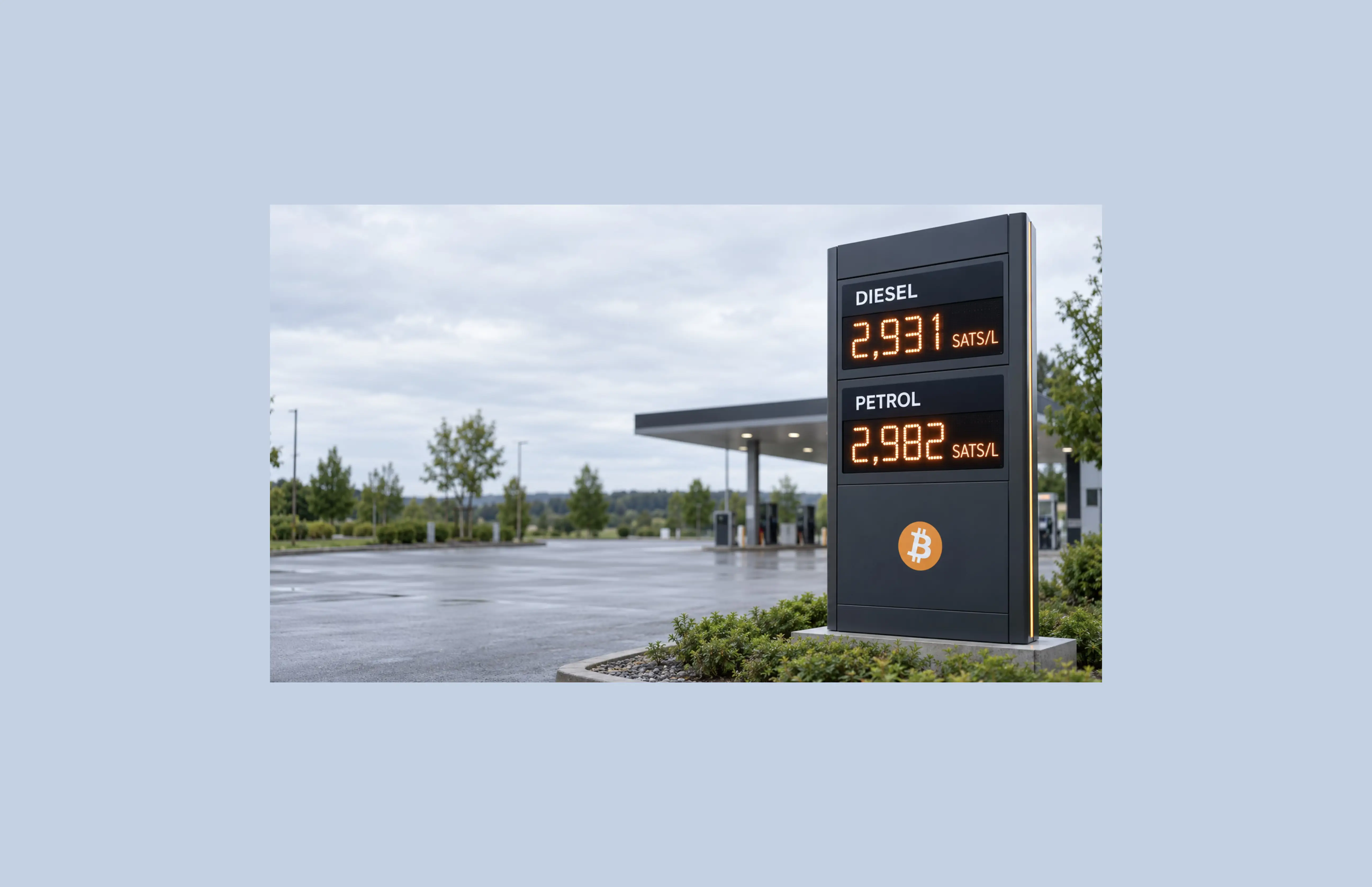Futuristic petrol-station price pillar showing diesel at 2,931 sats per litre and petrol at 2,982 sats per litre, marked with a Bitcoin symbol.