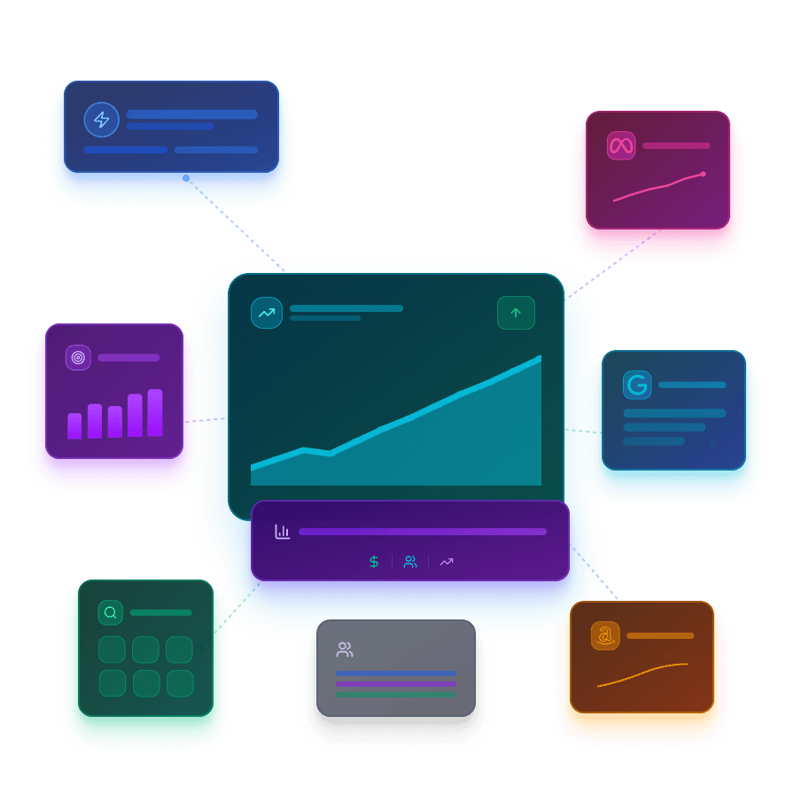 Visualisierung eines digitalen Marketing-Dashboards mit Performance-Kurven, Meta-, Google- und Amazon-Daten – Symbolbild für datengetriebenes Wachstum, SEO-, SEA- und Conversion-Optimierung durch die Inconis GmbH.