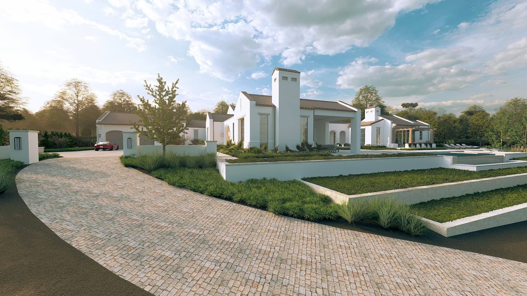 Long approach drive and paved entry for Mediterranean estate in Aledo Tx. 