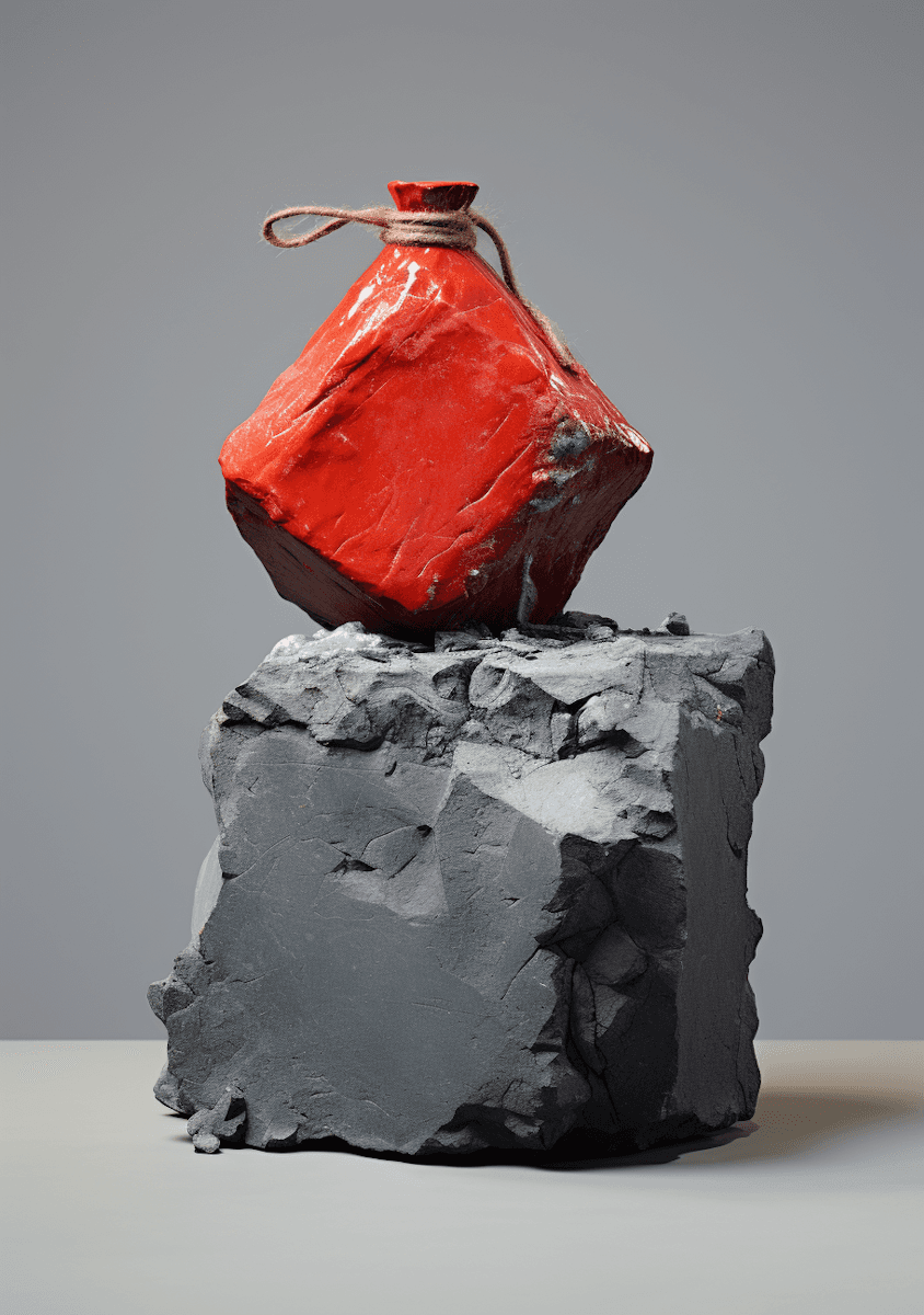 Abstract sculpture featuring a vibrant red, irregularly shaped object tied with a rustic
