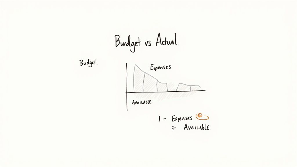 A handwritten chart titled 'Budget vs Actual' showing expenses and available funds, with a formula.