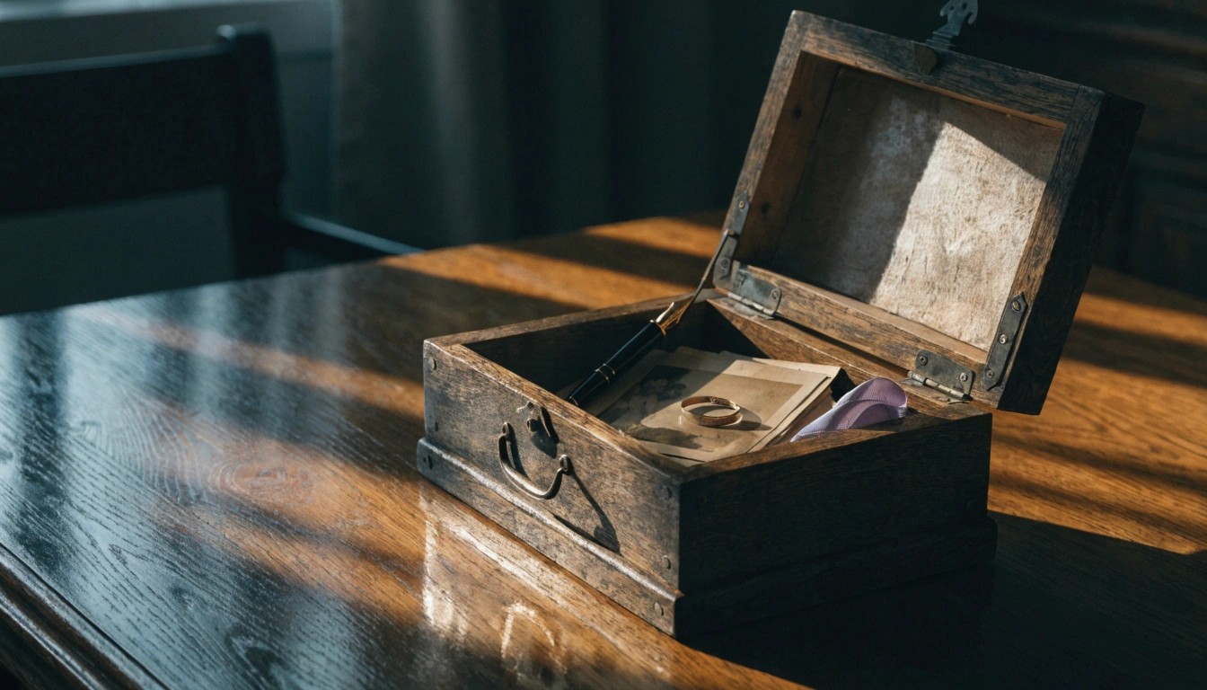 A beautiful, cinematic hyper-realistic 8k photograph of a vintage wooden memory box sitting open on a polished oak table during golden hour.