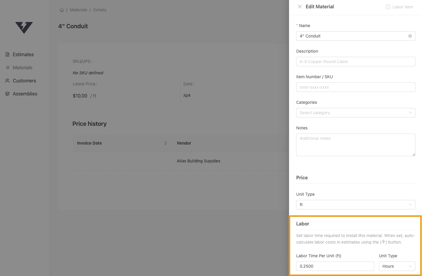 Set labor hours required to install a specific material in VoltPro.