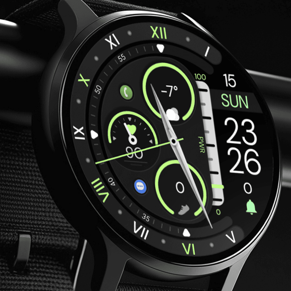 Modern Wear OS smartwatch displaying a hybrid watch face