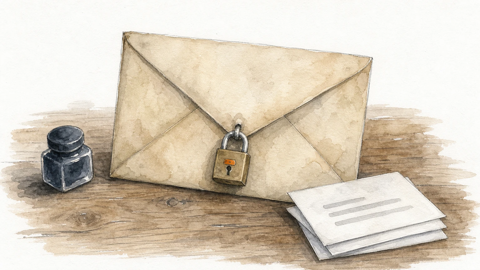 A sealed envelope with a padlock lying beside a stack of three letters on a desk.