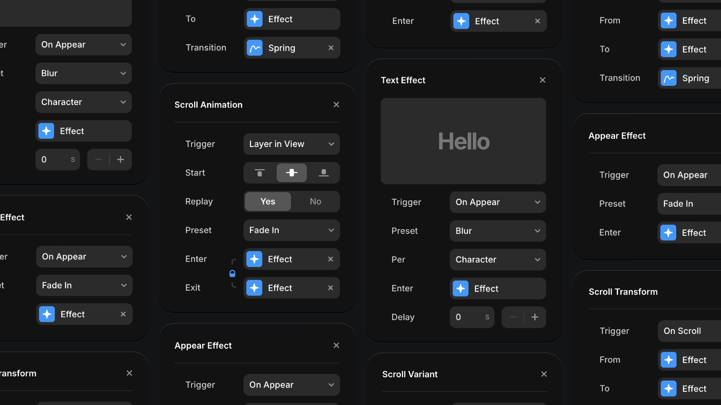 Interactive animation triggers and presets showcased in Framer for seamless effects