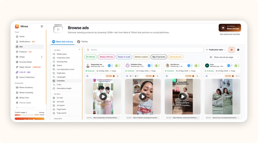 interface utilisateur Minea