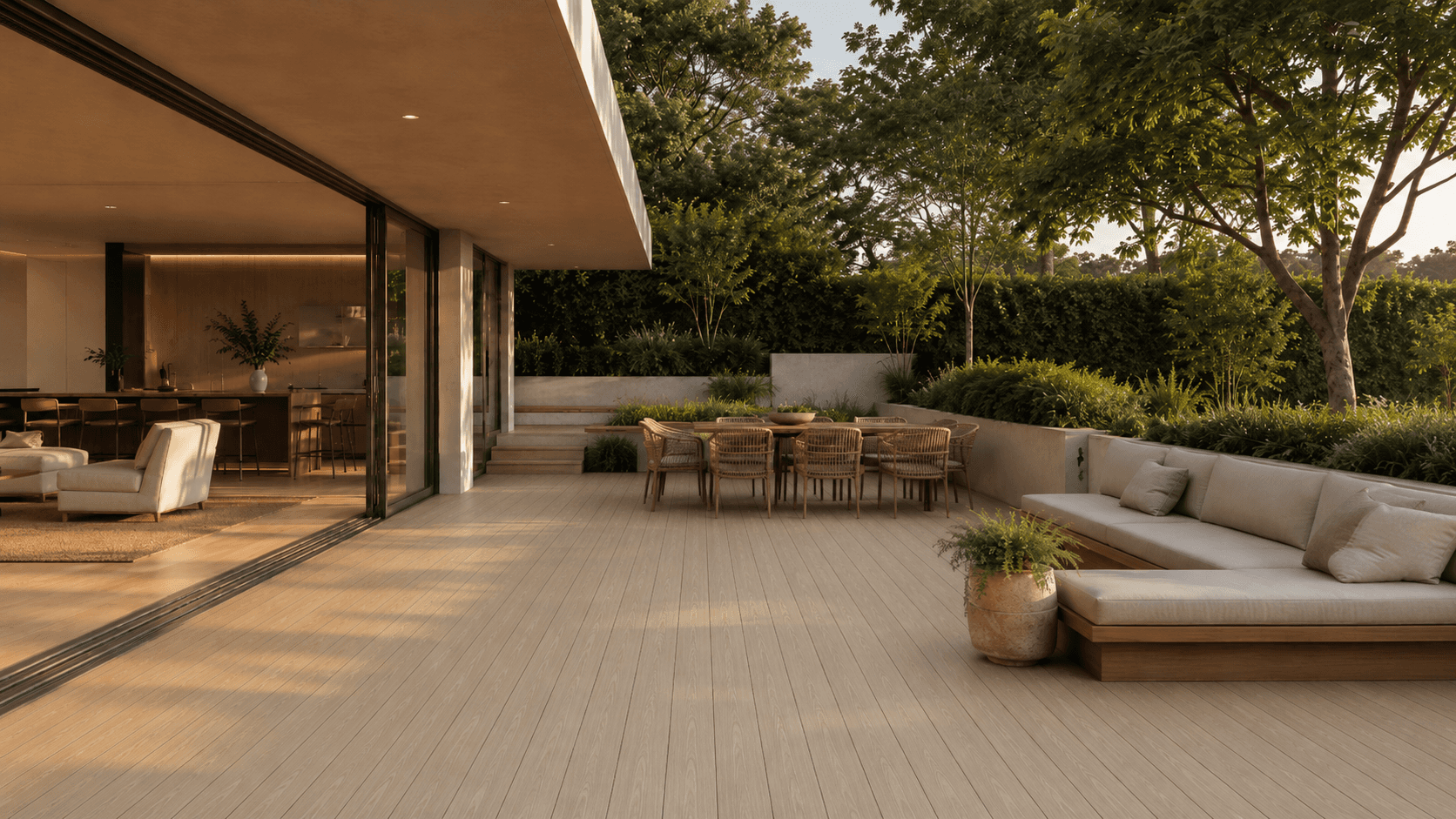 Contemporary outdoor decking at a landscaped residence