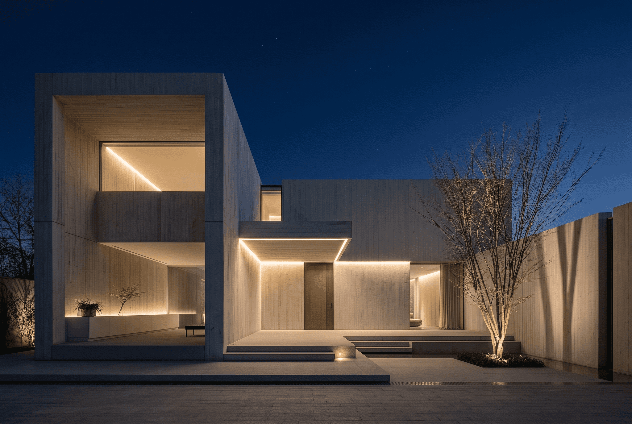 Exterior view of Kōan House at dusk, a minimalist Japanese concrete residence with vertical amber light strips flanking the entrance