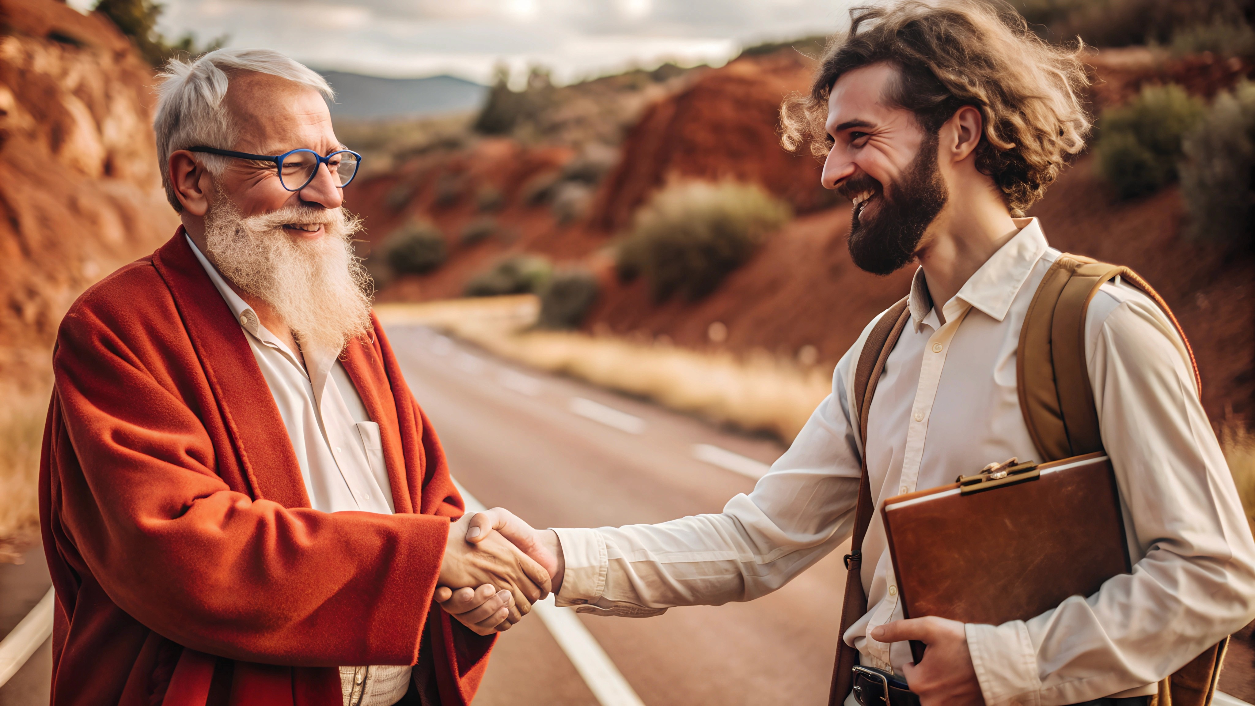 a happy ancient philosopher stands on the curvy walking road and shakes hands with a nerdish nerd