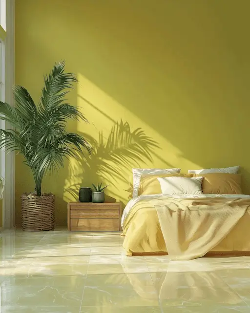 Sunny bedroom with mustard yellow walls, a yellow bedding set, and a large potted palm tree.