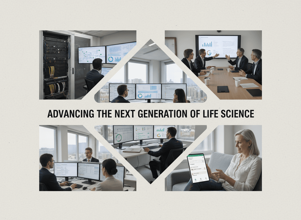 “Life science leaders and clinical researchers reviewing real-time trial analytics in a modern operations workspace advancing next-generation research platforms.”